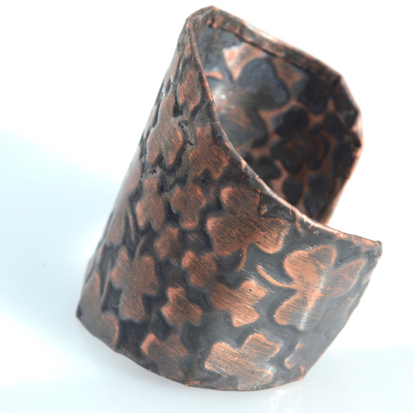 Irish Clover Wide Copper Cuff Bracelet Bracer Leaf Patina Solid Rustic Patina - Picture 5 of 11